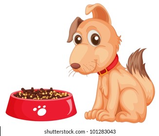 Illustration of a dog sitting next to his food