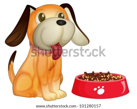 Illustration of a dog sitting next to his food
