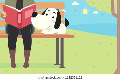 Illustration of a Dog Sitting on a Bench with Girl Reading in the Park