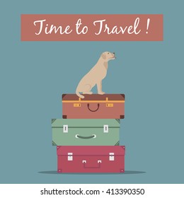 Illustration of a dog sitting on travel luggage. Vector flat style. Time to travel concept. Luggage icon. Travel banner, card, poster. Travel banner with luggage to travel by train plane car bus ship.