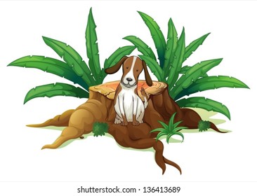 Illustration of a dog sitting at the root of a chopped tree on a white background