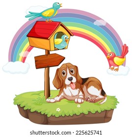 Illustration of a dog sitting under a birdhouse