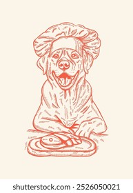 illustration of dog is sitting and wearing a chef's hat with a piece of meat in front of him for t shirt Design  template. red color line obect isolated on soft pink pastel color. retro engraved style