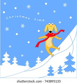 Illustration of a dog skating on a snowy mountain