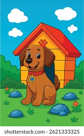 Illustration of a dog standing outside his dog house