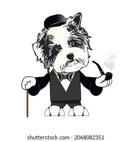 Illustration of a Dog in a Tuxedo with a Pipe on a White Background