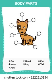 Illustration of dog vocabulary part of body,Write the correct numbers of body parts.vector