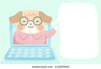 Illustration of a Dog Waving from Inside a Video Playing on Laptop with Blank Speech Bubble