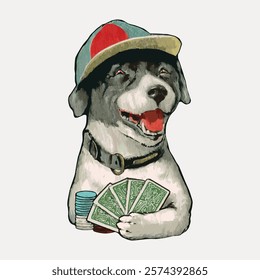 Illustration of a dog wearing a cap, holding playing cards and poker chips. The dog is smiling, creating a playful and humorous poker scene. Vintage style art drawing, isolated vector element.