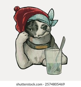 Illustration of a dog wearing a red hat and blue bandana, sitting with a glass of water. The dog looks sleepy, with a spoon in the glass. Cute and whimsical dog art. Isolated vector element.