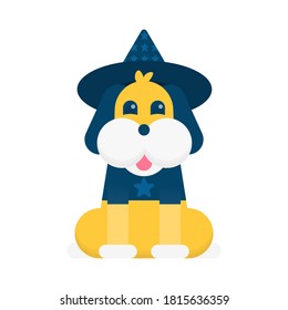 illustration of a dog wearing a witch's clothing and hat with a star pattern on it. custom halloween. cute and adorable dog character. flat style. design elements.