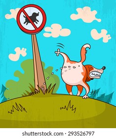 Illustration of dog wets the sign in the park