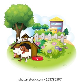 Illustration of a doghouse with a dog inside a fence on a white background