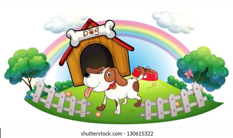 Illustration of a doghouse inside the fence with a puppy on a white background
