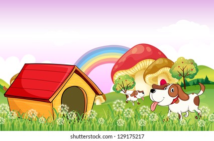 Illustration of a doghouse near the weeds
