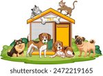 Illustration of dogs and cats near a doghouse