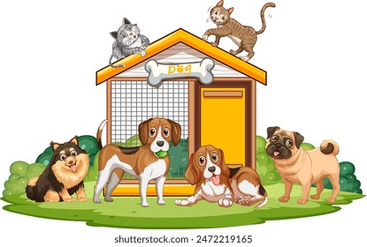 Ilustración de perros y gatos cerca de una casa de perros