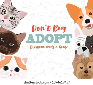 Illustration with dogs and cats. Poster for pet adaptation poster. Editable vector illustration
