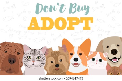 Illustration with dogs and cats. Poster for pet adaptation poster. Editable vector illustration