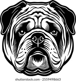 Illustration of a dog's face in front view, featuring artistic details and expressive design, ideal for creative or decorative purposes.