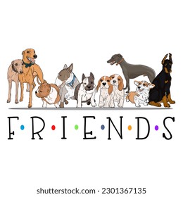 Illustration of dogs, greyhound, bull terrier, doberman, basset hound in the style of the series Friends. Beautiful T-shirt print, textile print, logo, icon