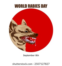 Illustration of a dog's head with teeth and saliva in a red circle and the inscription World Rabies Day, September 8