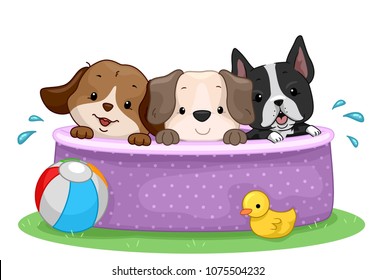 Ilustración de perros dentro de una pequeña piscina al aire libre para una fiesta de billar