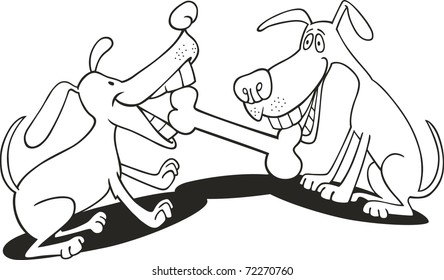 illustration of dogs playing with bone for coloring book