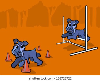 Illustration of dogs running through cones and jumping over bars/Dog Agility Training Cartoon