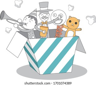 An illustration of a doll, a boy, and a magician jutting out of a gift box.