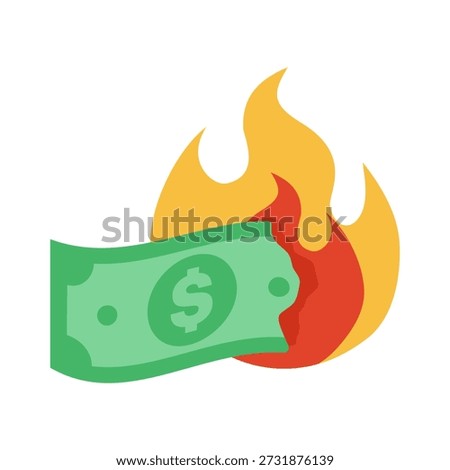 Illustration of a dollar bill on fire representing economic downturn and financial crisis. Concept for inflation, money loss, recession, and global financial instability.