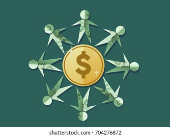 Illustration of Dollar Bill Paper People Around a Gold Dollar Coin