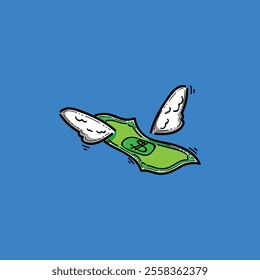 Illustration of a dollar bill with wings flying away, symbolizing financial loss, expense, or investment. Depicts a metaphor for money disappearing, spending, or managing finances effectively.