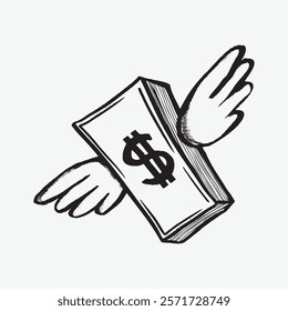 Illustration of a dollar bill with wings, symbolizing money flying away. The dollar sign and wings emphasize financial loss or spending. Simple black line art doodle vector.