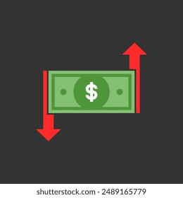 Illustration of dollar bills and red up and down indicator arrows.