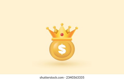 illustration dollar coin crown gold american vector icon 3d  symbols isolated on background.3d design cartoon style. 