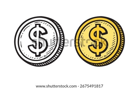 Illustration of dollar coin, simple hand drawn style for finance, business, and money concept design.