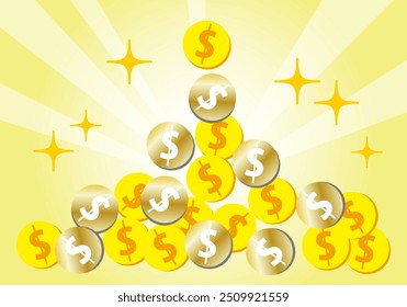 Illustration of dollar coins falling one after another yellow background ($) 