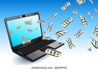 illustration of dollar coming out of laptop screen showing online business