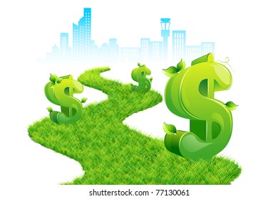 illustration of dollar growing on grass path with city scape backdrop