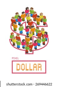 Illustration of dollar made up of isometric pixel art style people