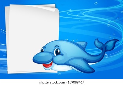 Illustration of a dolphin beside an empty paper under the sea