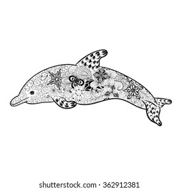 Illustration "Dolphin" was created in doodling style in black and white colors.  Painted image is isolated on white background.