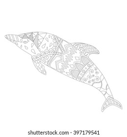 Illustration "Dolphin" was created in doodling style in black and white. Image is isolated on white background.
