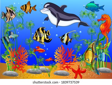 Illustration of a dolphin and fish in the roughness of the sea.