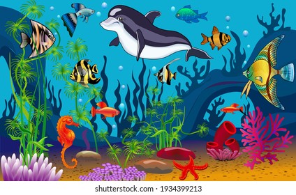 Illustration of a dolphin and fish in the roughness of the sea.