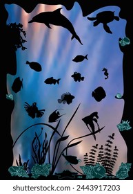 illustration with dolphin and fishes under blue water