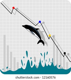 Illustration of a dolphin jumping from a pool and an arrow	