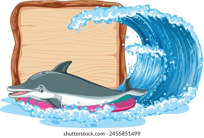 Illustration of a dolphin riding a wave on a surfboard.