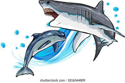 illustration Dolphin and Shark. Funny cartoon and vector isolated characters.